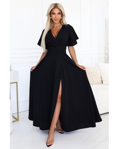 Rochie eleganta lunga neagra vaporoasa petrecuta Kasandra Rochii lungi, Rochie eleganta lunga neagra vaporoasa petrecuta Kasandra - jojofashion.ro