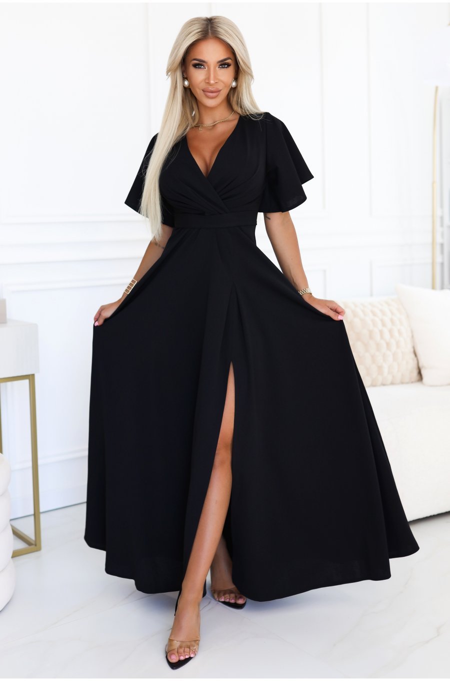 Rochie eleganta lunga neagra vaporoasa petrecuta Kasandra 1 - jojofashion.ro
