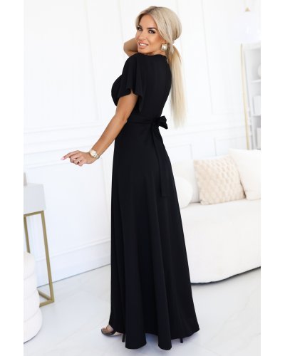 Rochie eleganta lunga neagra vaporoasa petrecuta Kasandra Rochii lungi, Rochie eleganta lunga neagra vaporoasa petrecuta Kasandra - jojofashion.ro