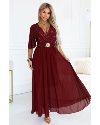 Rochii voal, Rochie eleganta lunga rosie-burgundy cu bustul din paiete vaporoasa Elvia - jojofashion.ro