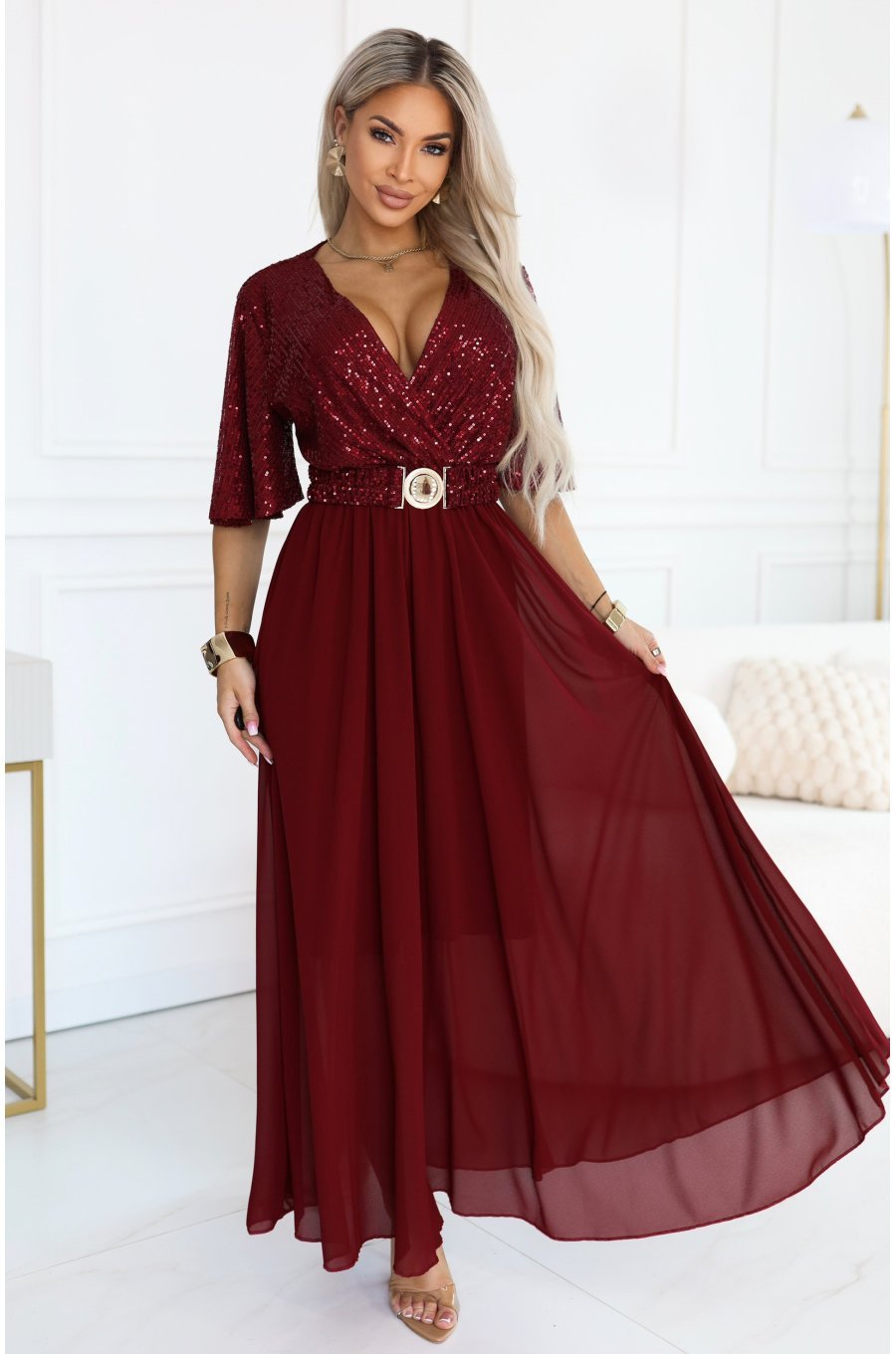 Rochie eleganta lunga rosie-burgundy cu bustul din paiete vaporoasa Elvia 1 - jojofashion.ro