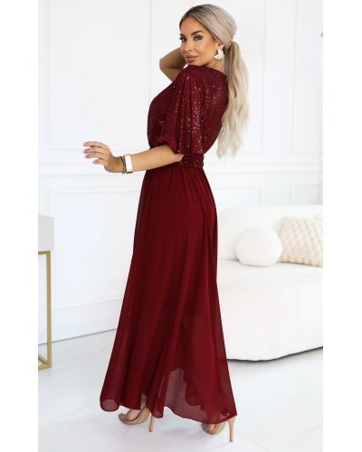 Rochii voal, Rochie eleganta lunga rosie-burgundy cu bustul din paiete vaporoasa Elvia - jojofashion.ro