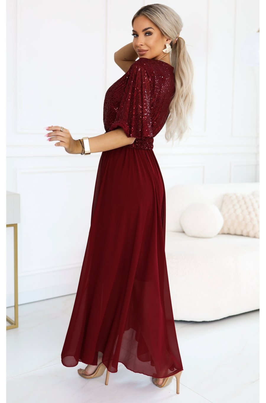 Rochie eleganta lunga rosie-burgundy cu bustul din paiete vaporoasa Elvia 2 - jojofashion.ro