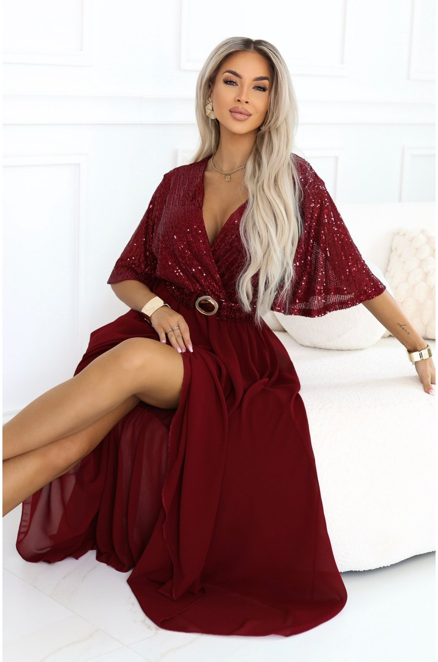Rochie eleganta lunga rosie-burgundy cu bustul din paiete vaporoasa Elvia 5 - jojofashion.ro