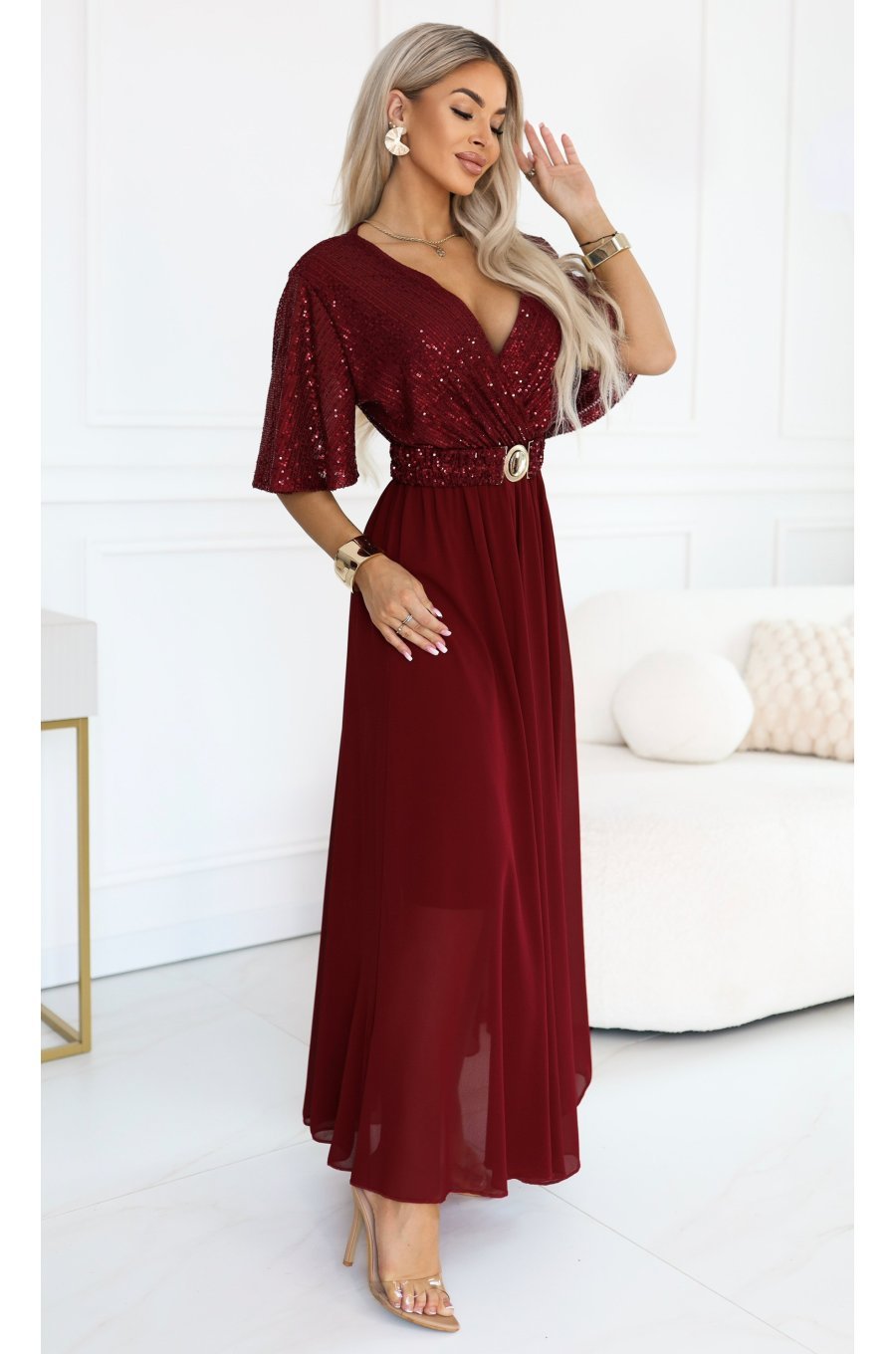 Rochie eleganta lunga rosie-burgundy cu bustul din paiete vaporoasa Elvia 4 - jojofashion.ro