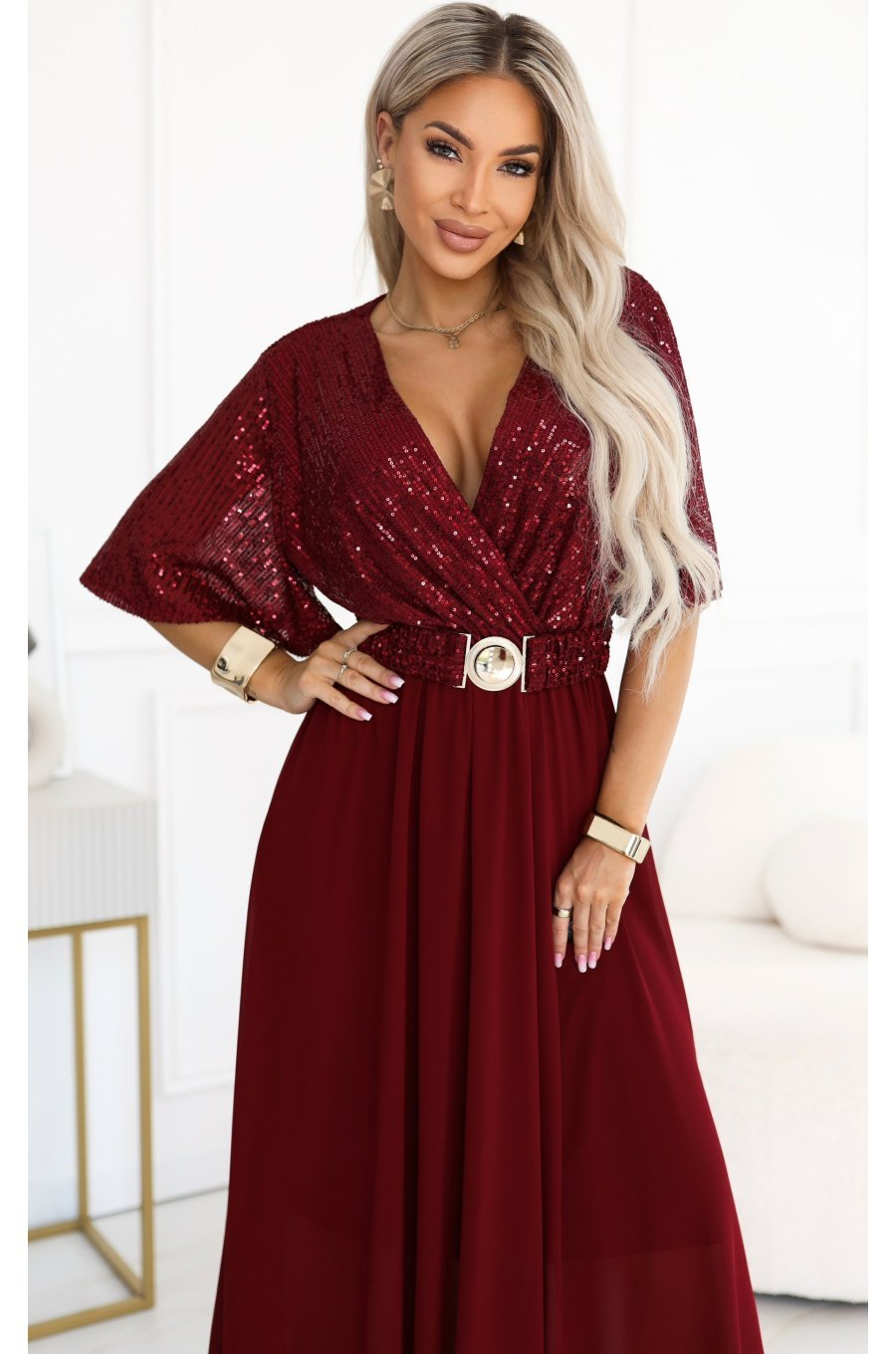 Rochie eleganta lunga rosie-burgundy cu bustul din paiete vaporoasa Elvia 3 - jojofashion.ro