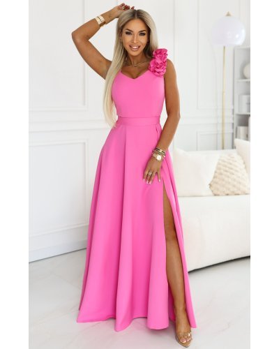 Rochii de Ocazie Elegante, Rochie eleganta lunga roz bombon cu floare pe bust MoniqueW - jojofashion.ro