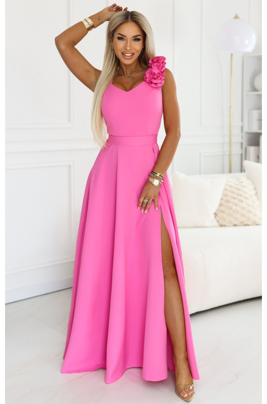 Rochie eleganta lunga roz bombon cu floare pe bust MoniqueW 1 - jojofashion.ro