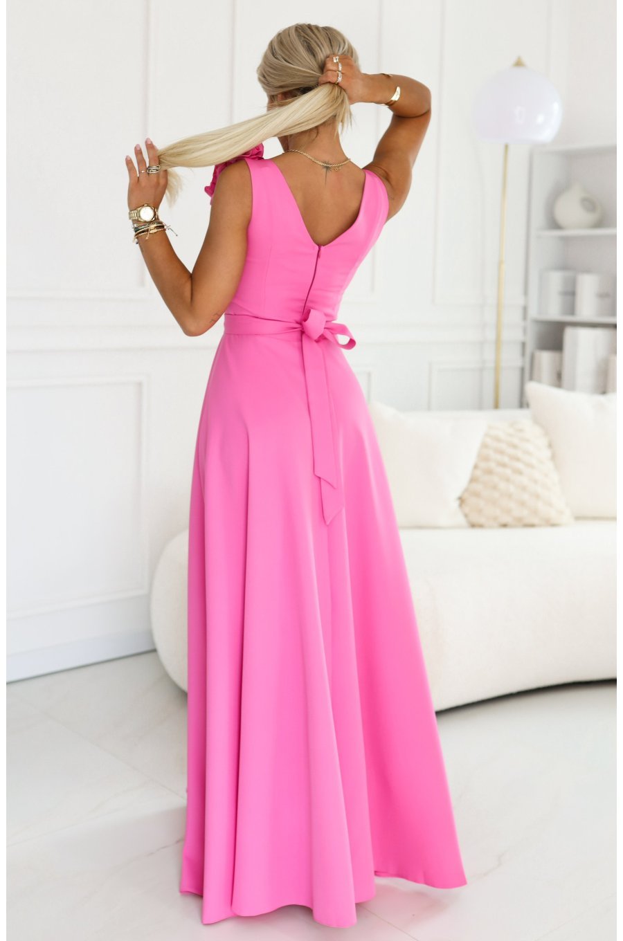 Rochie eleganta lunga roz bombon cu floare pe bust MoniqueW 3 - jojofashion.ro