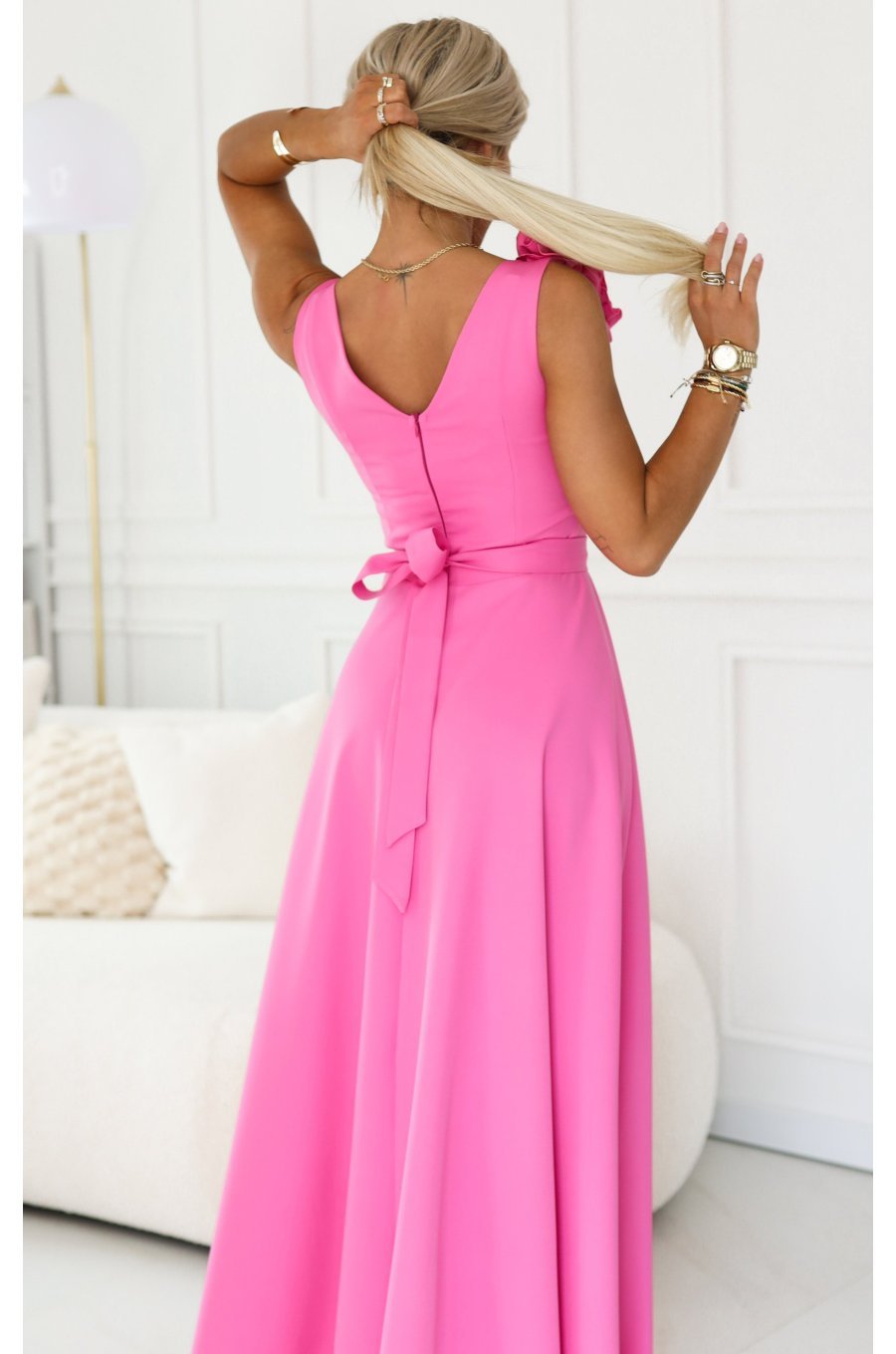 Rochie eleganta lunga roz bombon cu floare pe bust MoniqueW 5 - jojofashion.ro