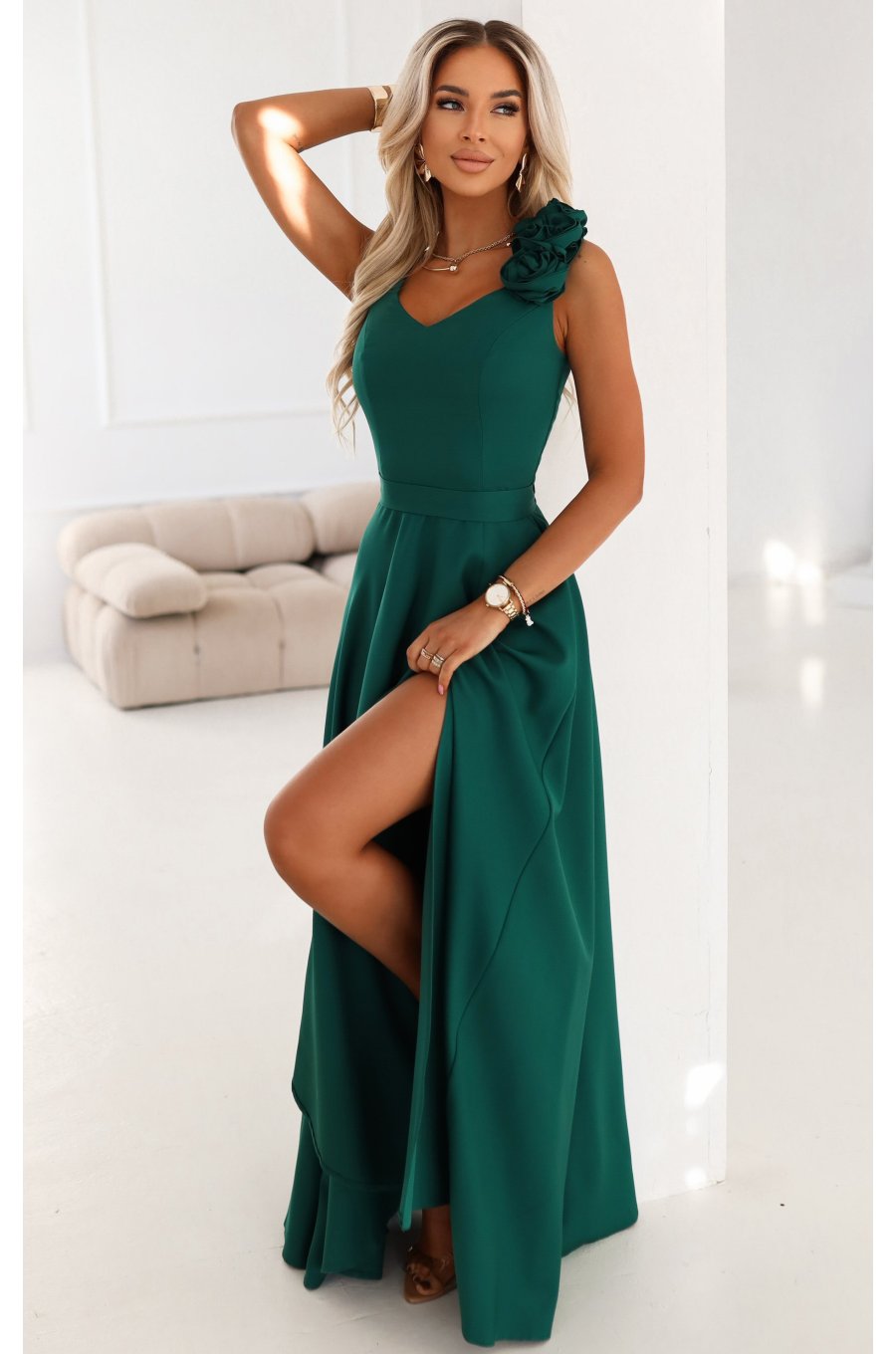 Rochie eleganta lunga verde cu floare pe bust MoniqueW 1 - jojofashion.ro
