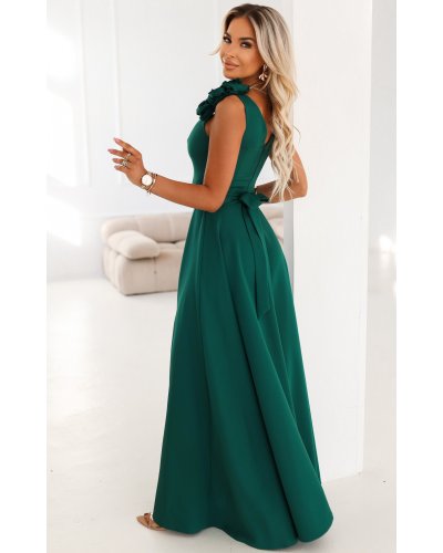 Rochii domnisoare de onoare, Rochie eleganta lunga verde cu floare pe bust MoniqueW - jojofashion.ro