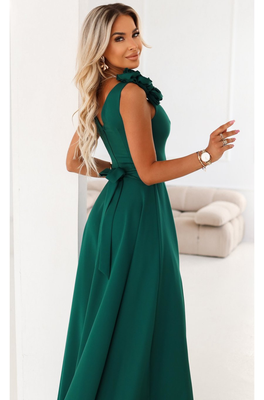Rochie eleganta lunga verde cu floare pe bust MoniqueW 3 - jojofashion.ro
