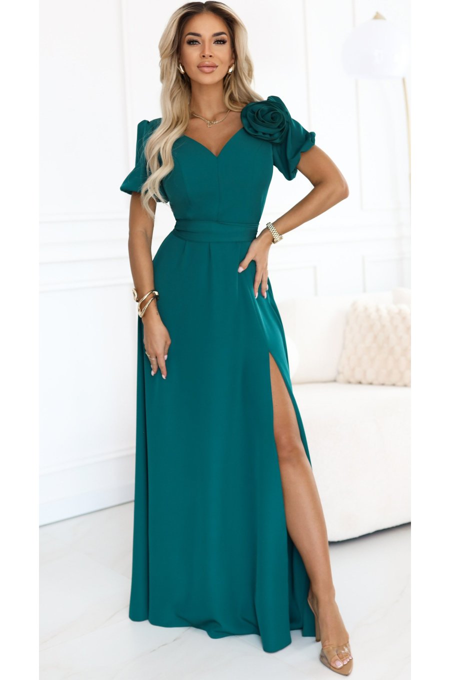 Rochie eleganta lunga verde cu trandafir pe bust vaporoasa Rosalinda 1 - jojofashion.ro