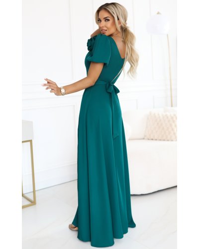 Rochii verzi, Rochie eleganta lunga verde cu trandafir pe bust vaporoasa Rosalinda - jojofashion.ro