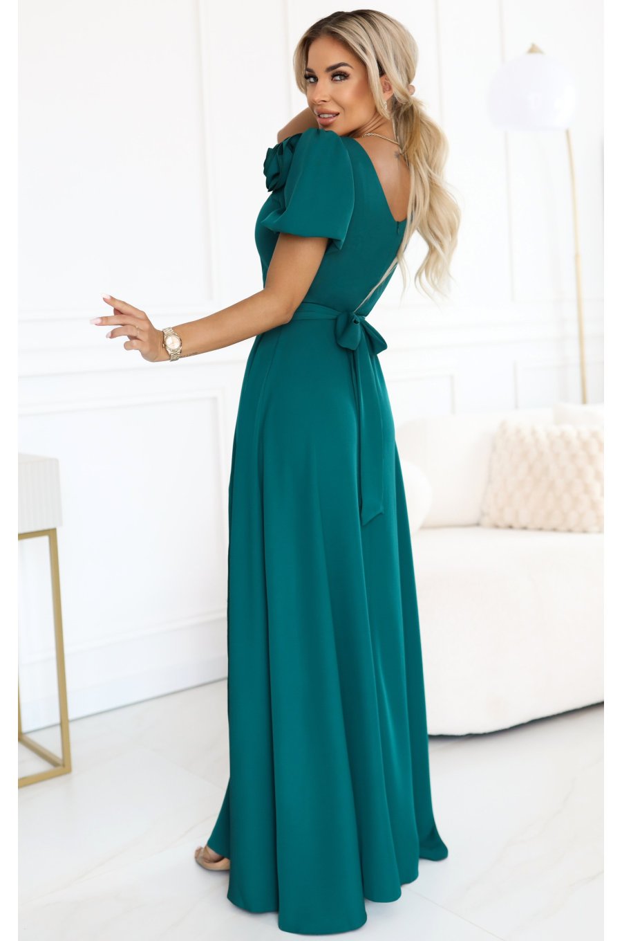 Rochie eleganta lunga verde cu trandafir pe bust vaporoasa Rosalinda 2 - jojofashion.ro