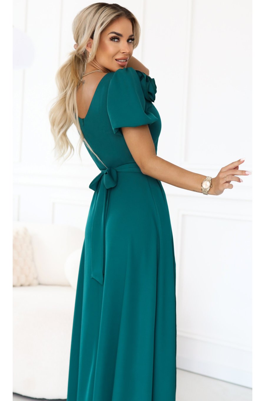 Rochie eleganta lunga verde cu trandafir pe bust vaporoasa Rosalinda 3 - jojofashion.ro