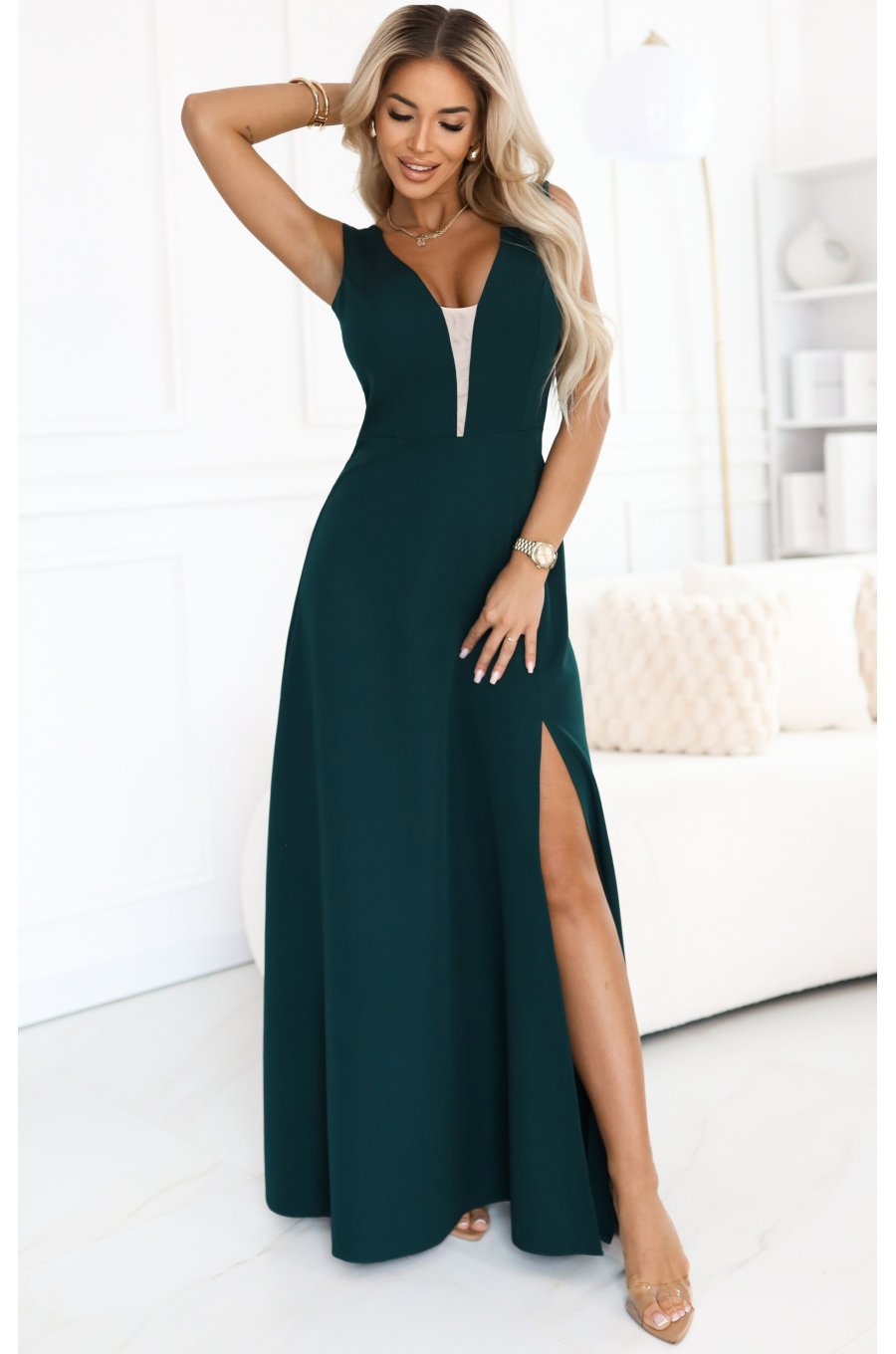 Rochie eleganta lunga verde sticla crapata pe picior Lyanne 1 - jojofashion.ro