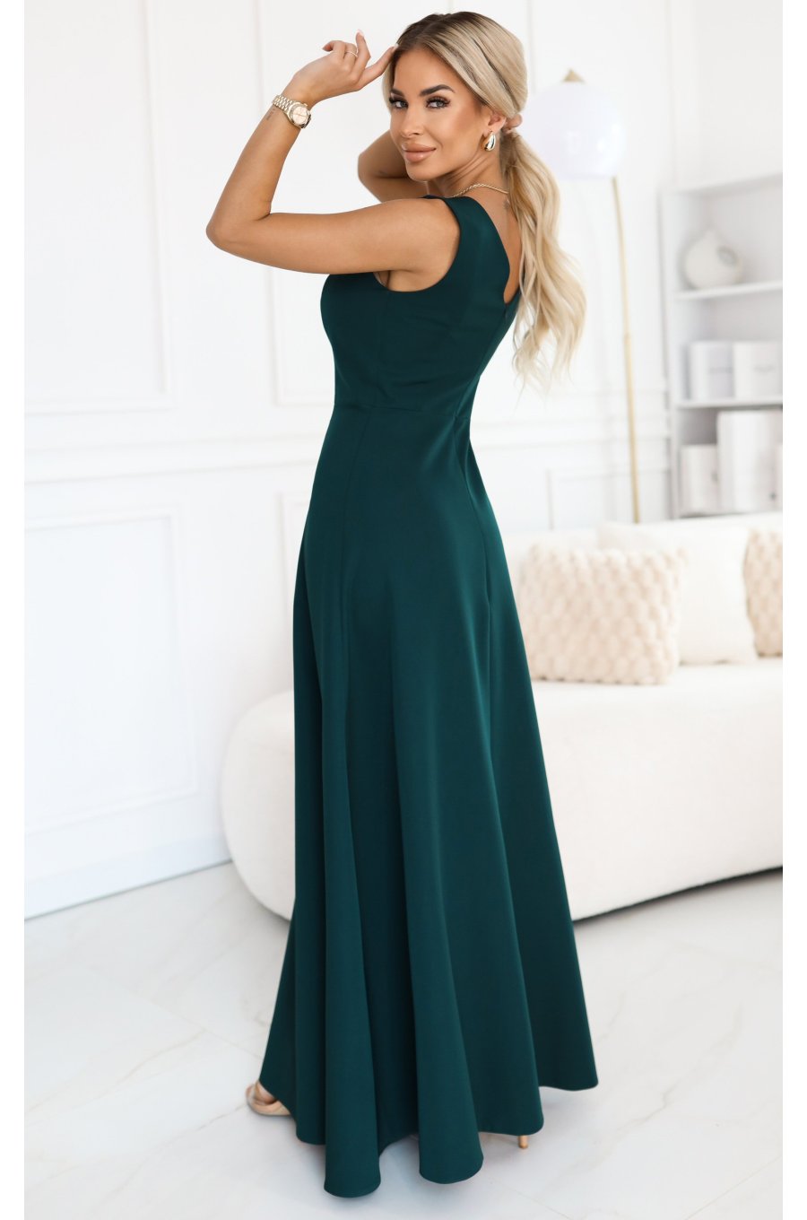 Rochie eleganta lunga verde sticla crapata pe picior Lyanne 2 - jojofashion.ro