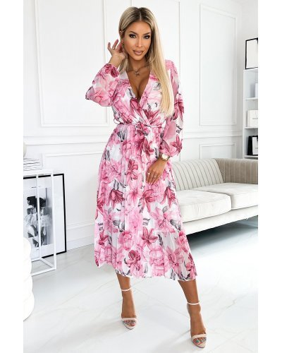 Rochie alba cu flori roz din chiffon midi plisata cu maneca lunga vaporoasa Aethra Rochii de zi, Rochie alba cu flori roz din chiffon midi plisata cu maneca lunga vaporoasa Aethra - jojofashion.ro