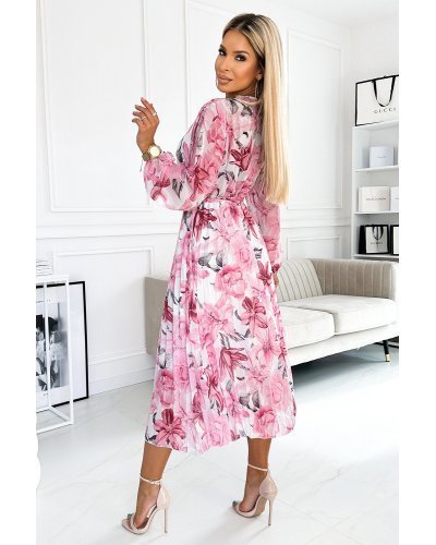 Rochie alba cu flori roz din chiffon midi plisata cu maneca lunga vaporoasa Aethra Rochii de zi, Rochie alba cu flori roz din chiffon midi plisata cu maneca lunga vaporoasa Aethra - jojofashion.ro