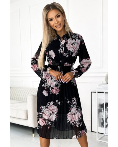 Rochie neagra cu flori roz plisata midi cu maneca lunga vaporoasa Ruth Rochii midi, Rochie neagra cu flori roz plisata midi cu maneca lunga vaporoasa Ruth - jojofashion.ro