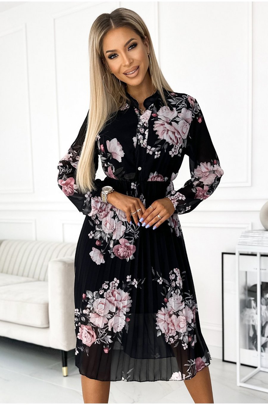 Rochie eleganta midi, neagra cu flori roz, plisata, cu maneca lunga, vaporoasa, Ruth 1 - jojofashion.ro