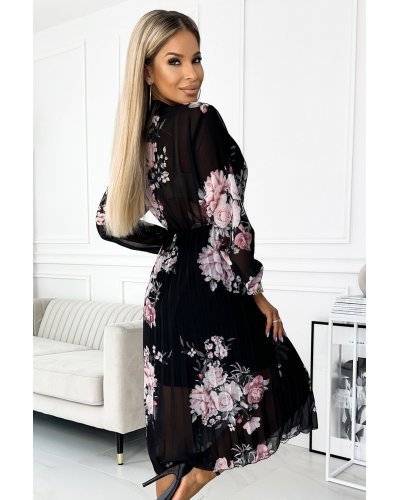 Rochie neagra cu flori roz plisata midi cu maneca lunga vaporoasa Ruth Rochii midi, Rochie neagra cu flori roz plisata midi cu maneca lunga vaporoasa Ruth - jojofashion.ro
