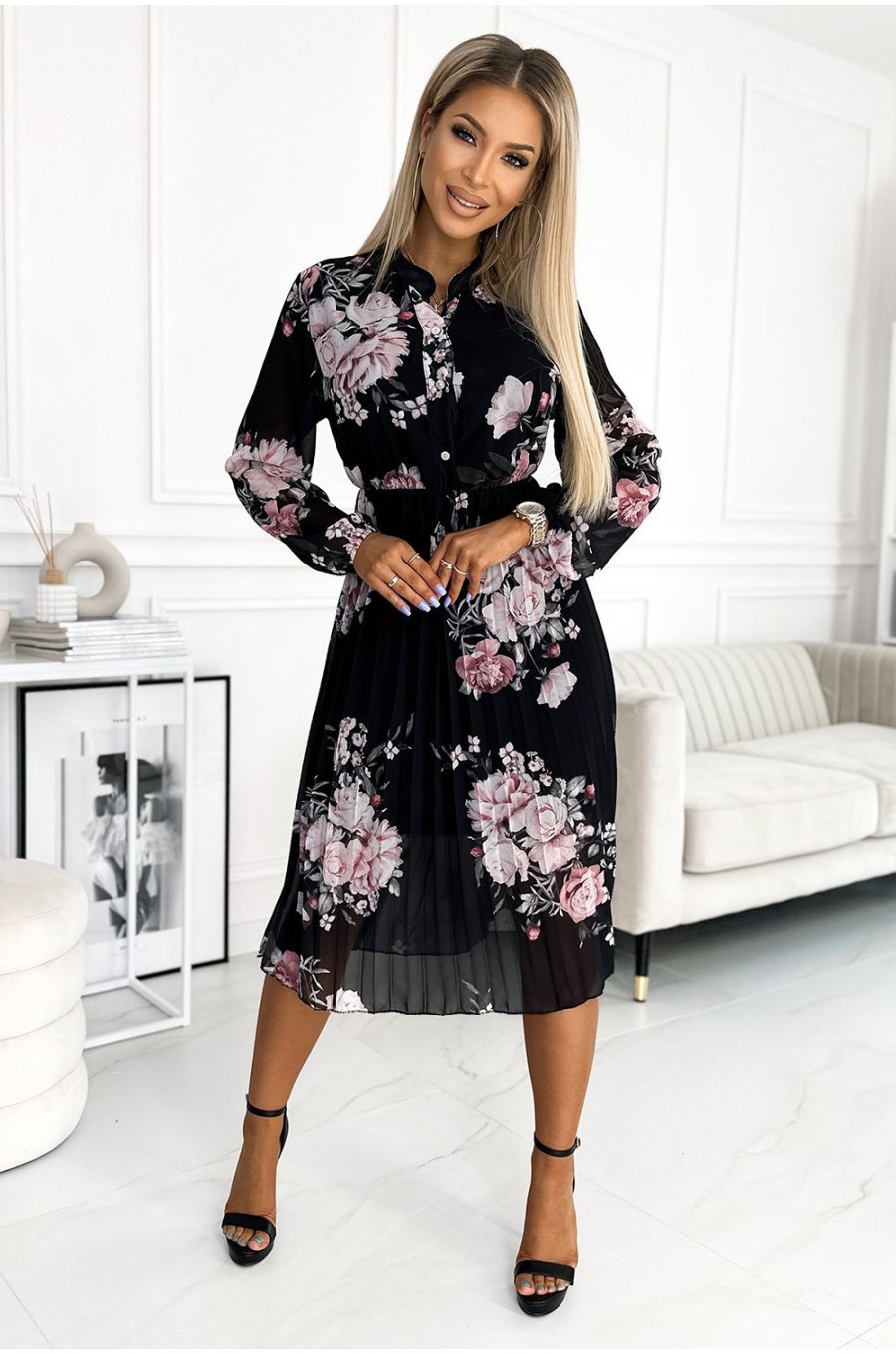 Rochie neagra cu flori roz plisata midi cu maneca lunga vaporoasa Ruth 4 - jojofashion.ro