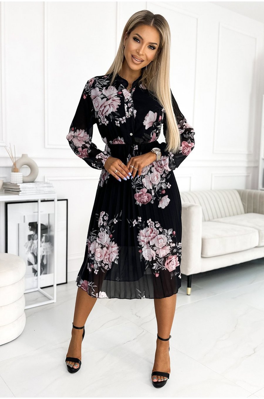 Rochie eleganta midi, neagra cu flori roz, plisata, cu maneca lunga, vaporoasa, Ruth 4 - jojofashion.ro