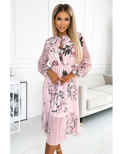 Rochie roz pal cu flori midi plisata vaporoasa cu maneca lunga Ruth Rochii de zi, Rochie roz pal cu flori midi plisata vaporoasa cu maneca lunga Ruth - jojofashion.ro