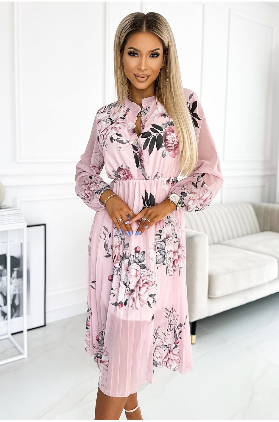 Rochie roz pal cu flori midi plisata vaporoasa cu maneca lunga Ruth 1 - jojofashion.ro