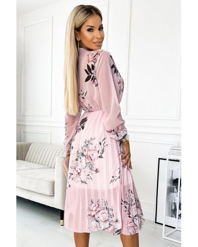 Rochie roz pal cu flori midi plisata vaporoasa cu maneca lunga Ruth Rochii de zi, Rochie roz pal cu flori midi plisata vaporoasa cu maneca lunga Ruth - jojofashion.ro