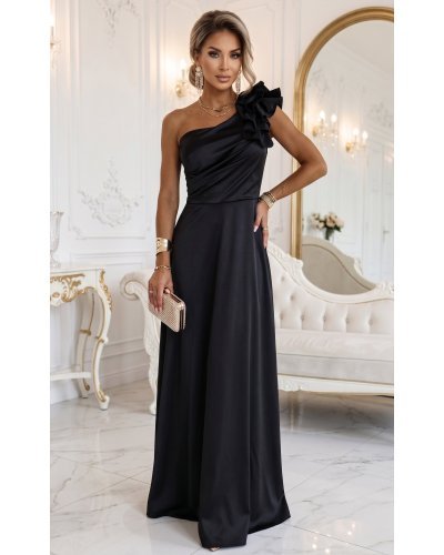 Rochii satin, Rochie eleganta neagra din satin cu un umar gol si volan floral Natalia - jojofashion.ro