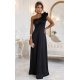 Rochie eleganta neagra din satin cu un umar gol si volan floral Natalia 2 - jojofashion.ro