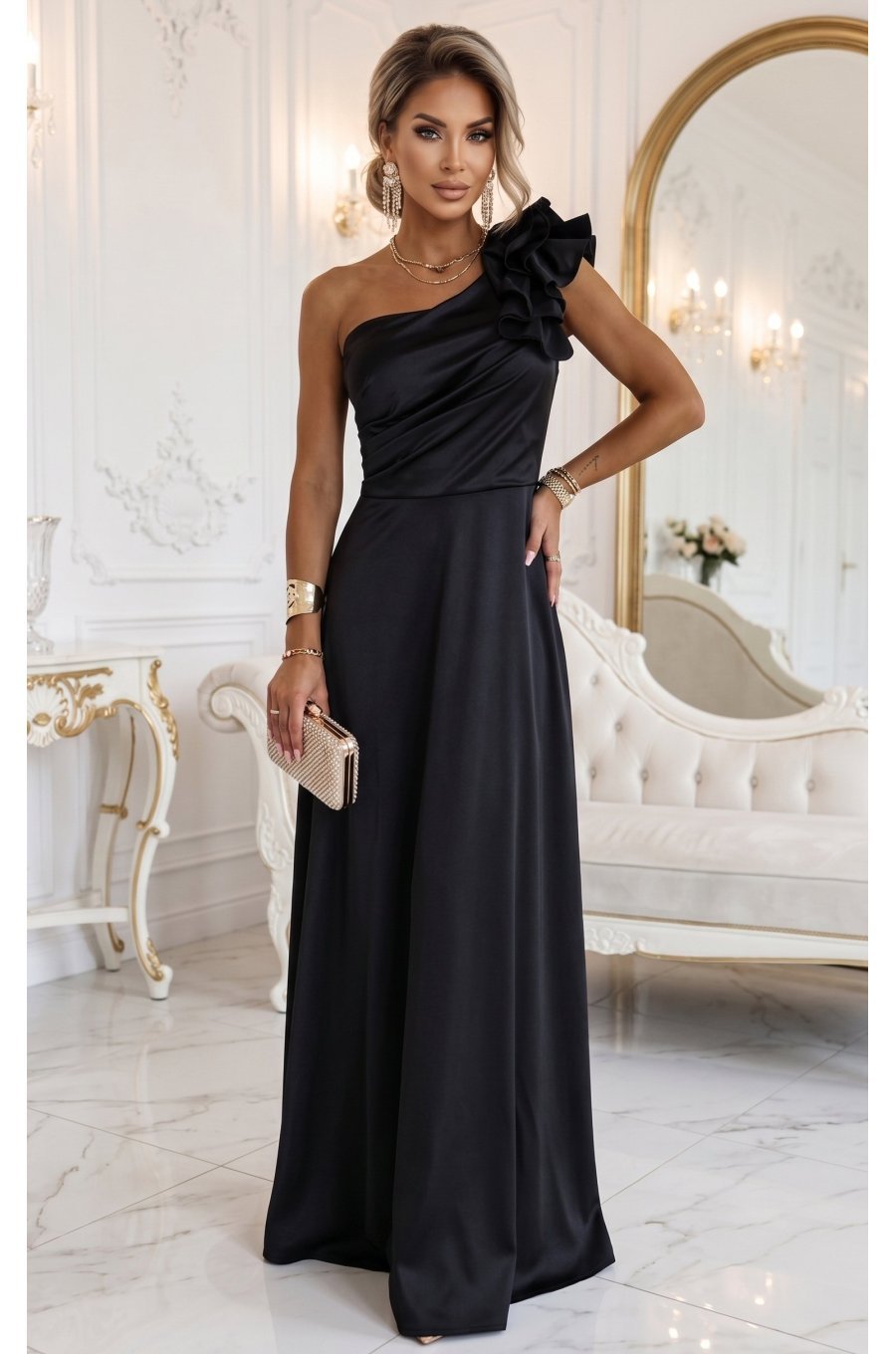 Rochie eleganta neagra din satin cu un umar gol si volan floral Natalia 1 - jojofashion.ro