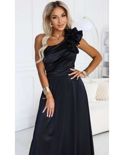 Rochii satin, Rochie eleganta neagra din satin cu un umar gol si volan floral Natalia - jojofashion.ro