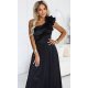 Rochie eleganta neagra din satin cu un umar gol si volan floral Natalia 3 - jojofashion.ro