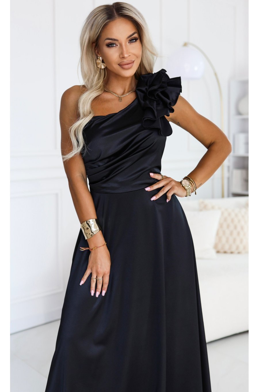 Rochie eleganta neagra din satin cu un umar gol si volan floral Natalia 2 - jojofashion.ro