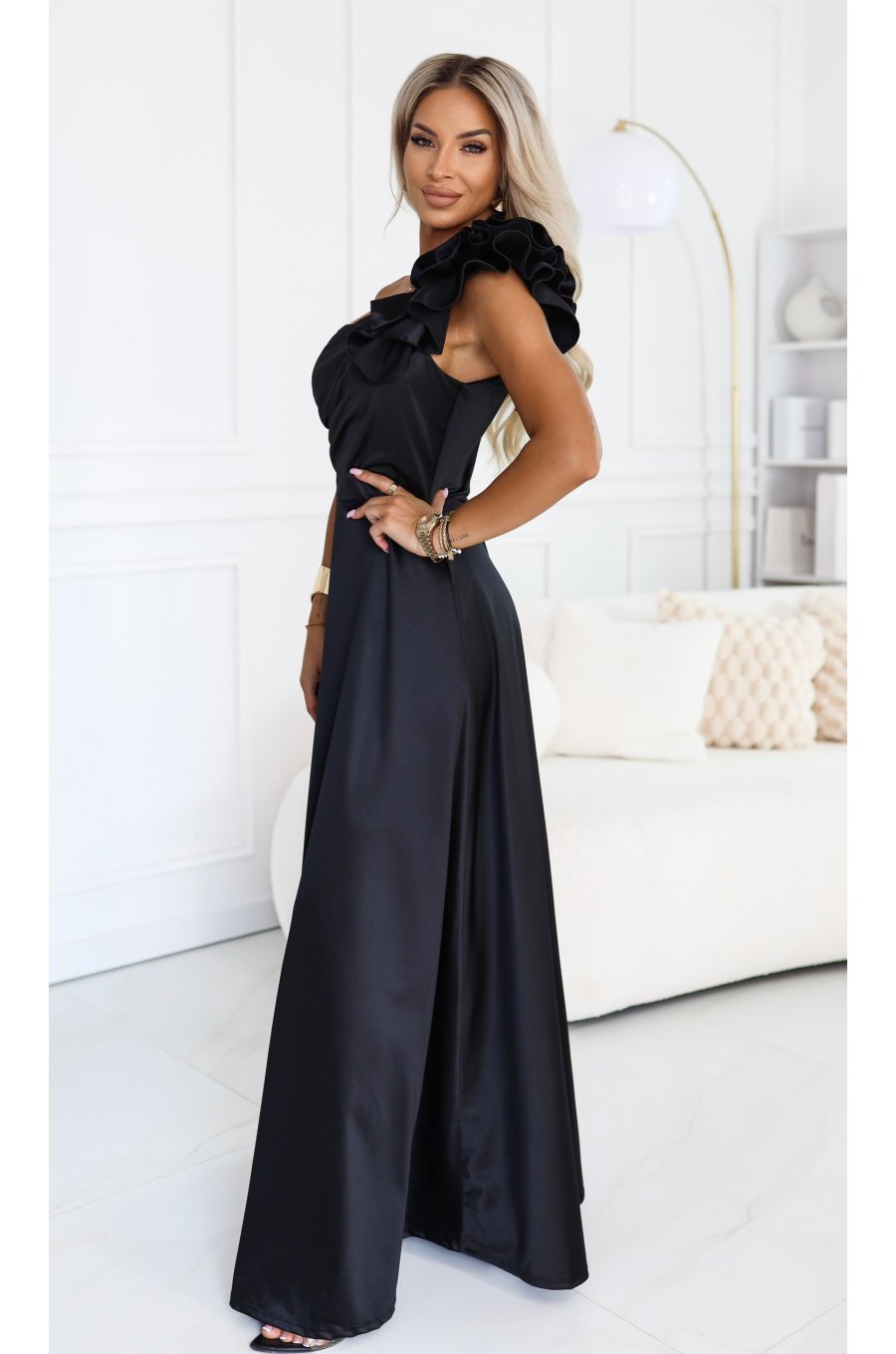Rochie eleganta neagra din satin cu un umar gol si volan floral Natalia 3 - jojofashion.ro