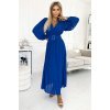 Rochie lunga albastra plisata din chiffon cu maneca lunga vaporoasa Vaneira