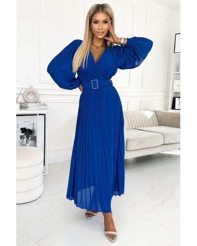 Rochie lunga albastra plisata din chiffon cu maneca lunga vaporoasa Vaneira Rochii lungi, Rochie lunga albastra plisata din chiffon cu maneca lunga vaporoasa Vaneira - jojofashion.ro
