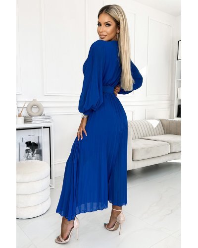 Rochie lunga albastra plisata din chiffon cu maneca lunga vaporoasa Vaneira Rochii lungi, Rochie lunga albastra plisata din chiffon cu maneca lunga vaporoasa Vaneira - jojofashion.ro