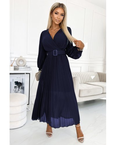 Rochie lunga plisata din chiffon bleumarin cu maneca lunga vaporoasa Vaneira Rochii lungi, Rochie lunga plisata din chiffon bleumarin cu maneca lunga vaporoasa Vaneira - jojofashion.ro