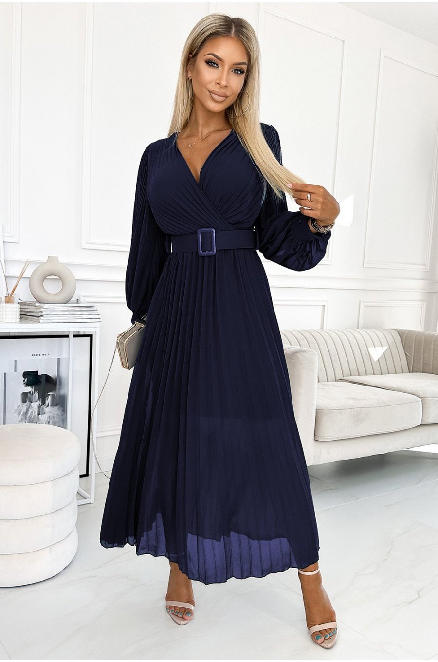 Rochie eleganta plisata lunga, din chiffon, bleumarin, cu maneca lunga, vaporoasa, Vaneira 1 - jojofashion.ro