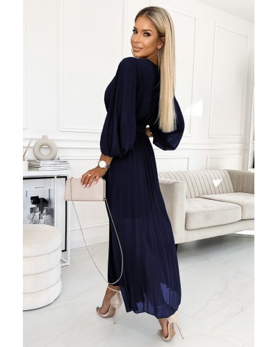 Rochie lunga plisata din chiffon bleumarin cu maneca lunga vaporoasa Vaneira Rochii lungi, Rochie lunga plisata din chiffon bleumarin cu maneca lunga vaporoasa Vaneira - jojofashion.ro
