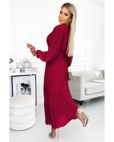 Rochie eleganta plisata lunga, din chiffon burgundy, cu maneca lunga, vaporoasa, Vaneira Rochii de zi, Rochie eleganta plisata lunga, din chiffon burgundy, cu maneca lunga, vaporoasa, Vaneira - jojofashion.ro