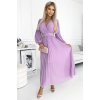 Rochie lunga plisata din chiffon lila cu maneca lunga vaporoasa Vaneira