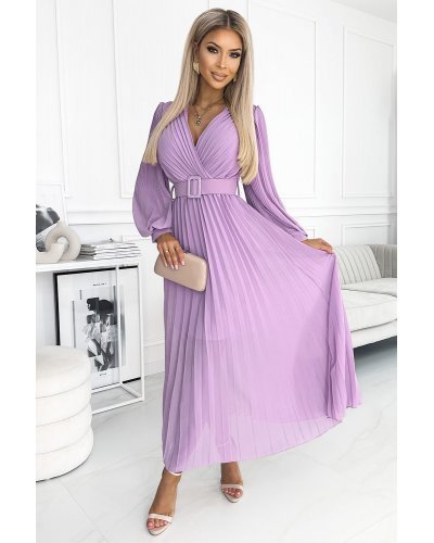 Rochie lunga plisata din chiffon lila cu maneca lunga vaporoasa Vaneira Rochii de zi, Rochie lunga plisata din chiffon lila cu maneca lunga vaporoasa Vaneira - jojofashion.ro