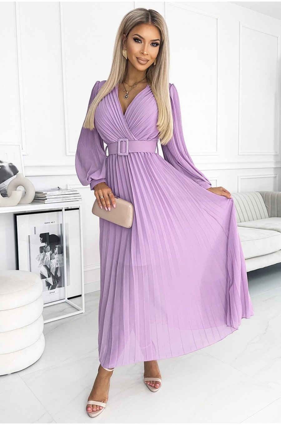 Rochie eleganta plisata lunga, din chiffon lila, cu maneca lunga, vaporoasa, Vaneira 1 - jojofashion.ro